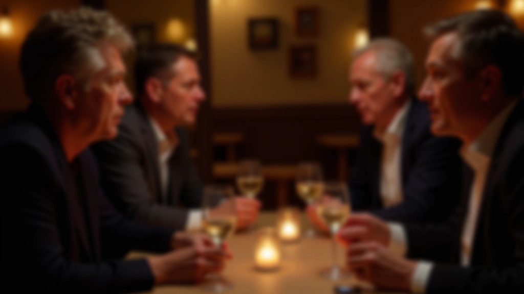 Group of mature adults sitting around a dinner table engaged in animated discussion, focused expressions showing strategic thinking
