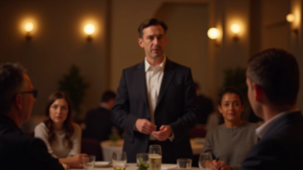 Event moderator reading riddle to engaged teams seated around tables with focused attention