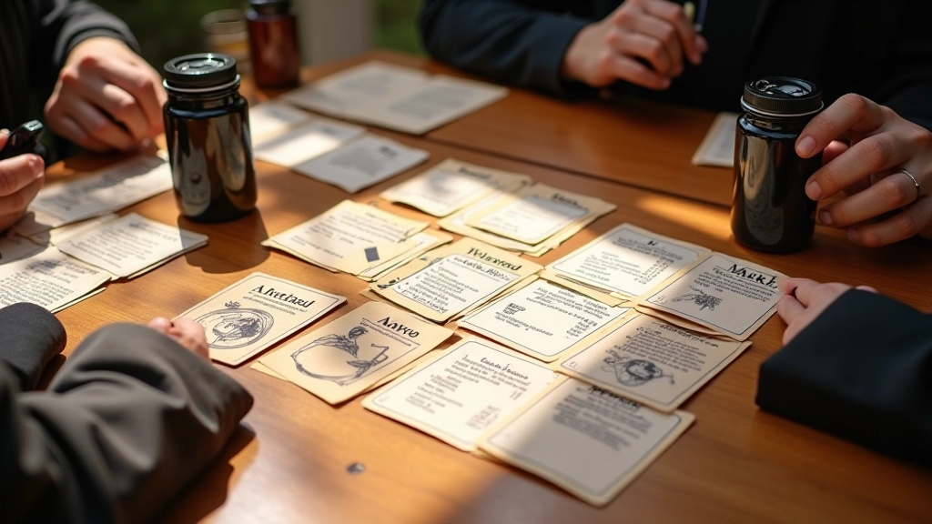 Overhead view of game cards, role cards, and voting tokens spread on wooden table with organized layout