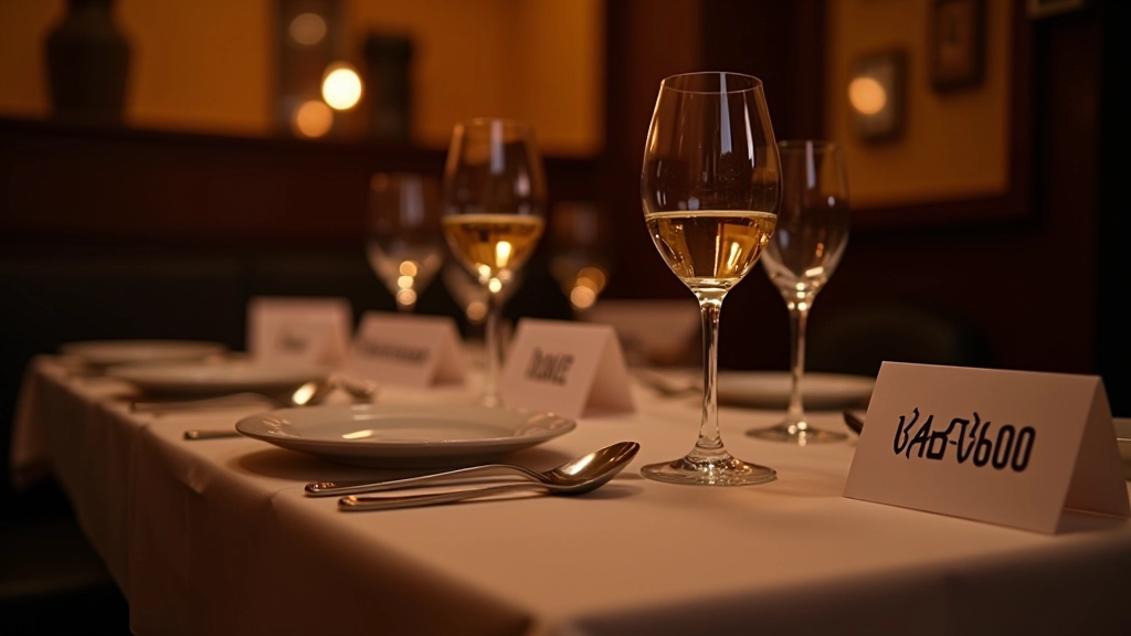 Elegant table setting with wine glasses, place cards, and detective-themed decorations