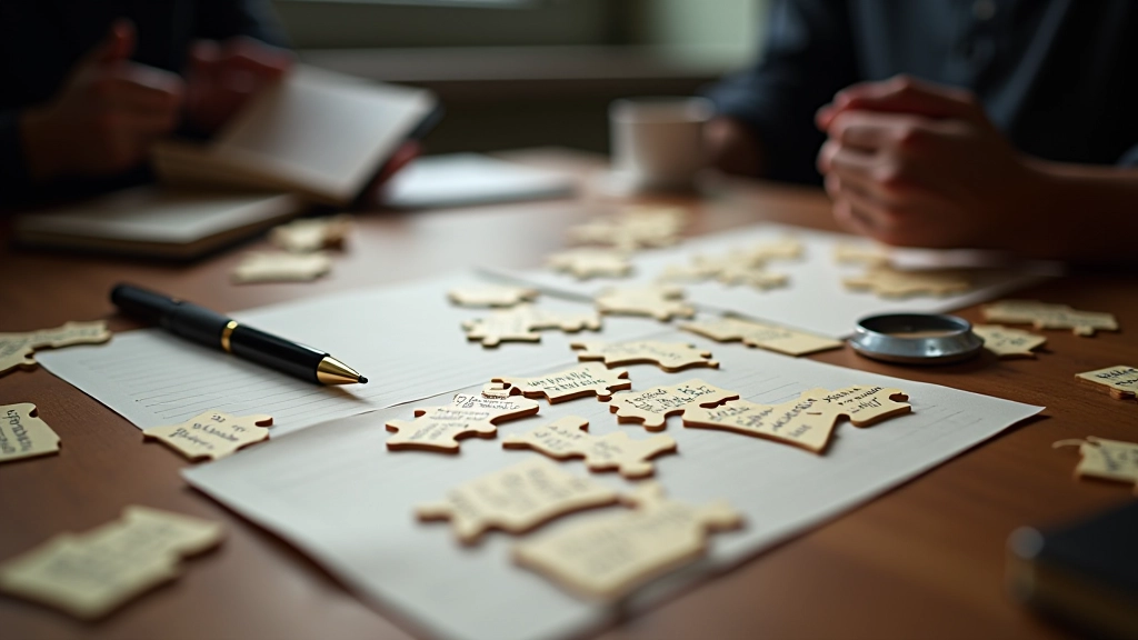 Puzzle pieces and riddle cards scattered on wooden surface with notepad
